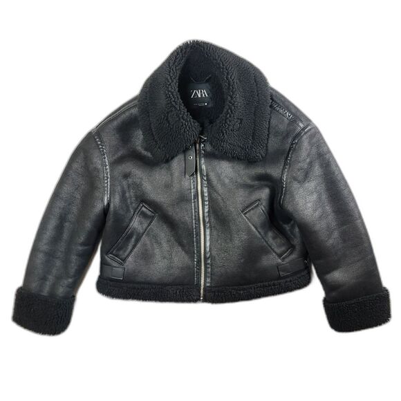 Zara Women's Black Faux Leather Shearling Fur Double Faced Biker Jacket Size XS - Picture 1 of 6